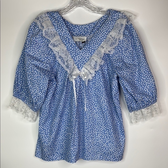 Vintage Pitchfork Brand Western Polka Dot Blue Lace Short Sleeve Shirt Medium - Picture 1 of 7